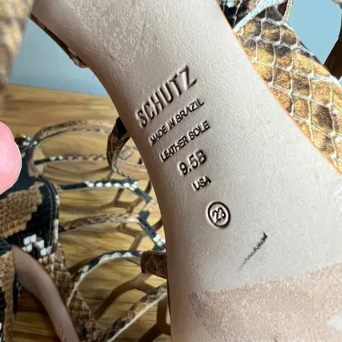 Schutz Julianna Block Heel Sandal 9.5 Snakeskin Embossed Leather Gladiator NEW