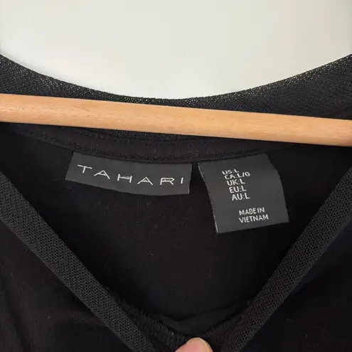 Tahari Black Short Sleeve Mesh Neck Basic Staple Black Tee Cotton Stretch L
