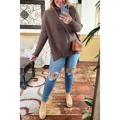 Turtleneck Oversized Tunic Long Sleeve Spilt Hem Pullover Knit Sweater Top S