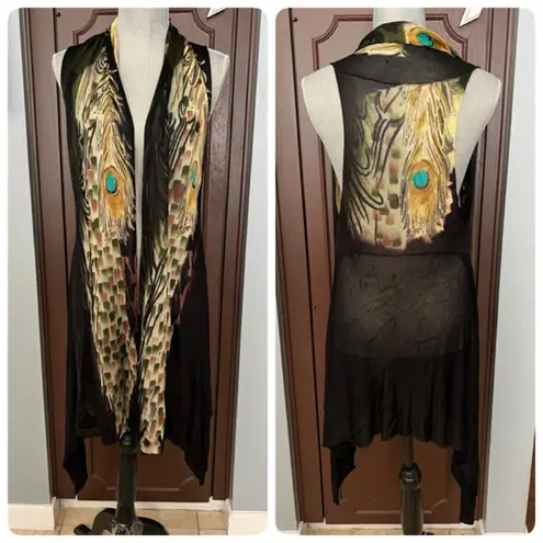 Adore Peacock Feather Print Sleeveless Cardigan Black