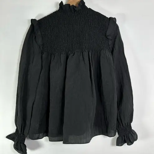 French Connection  Black Long Sleeve Boza Crinkle Smocked Blouse XS NWT