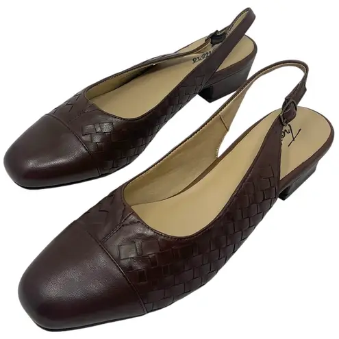 Trotters “Dea” Womens Size 10N Narrow Brown Woven Leather Slingback Buckle Pumps