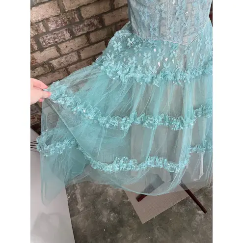 formal dress prom 1950s floral princess tulle aqua blue Green