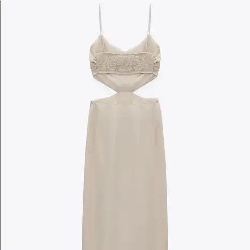 ZARA  CUT OUT V-neck Dress w/ Thin Straps Side Slits at Hem Beige SIZE S NEW