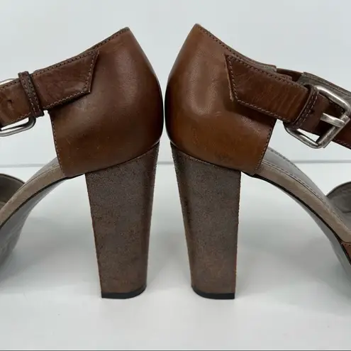 Brunello Cucinelli shoes 40 T-Strap peep toe heeled platform brown leather