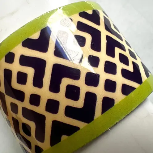 Vintage Brass Enamel Wide Cuff Bracelet ā Navy, Cream & Lime Green Geometric Des