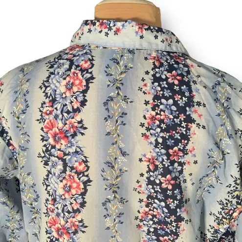 Vintage Tapestry Shirt Blue Floral Detail Long Sleeve Button Front Roll Tab Size M