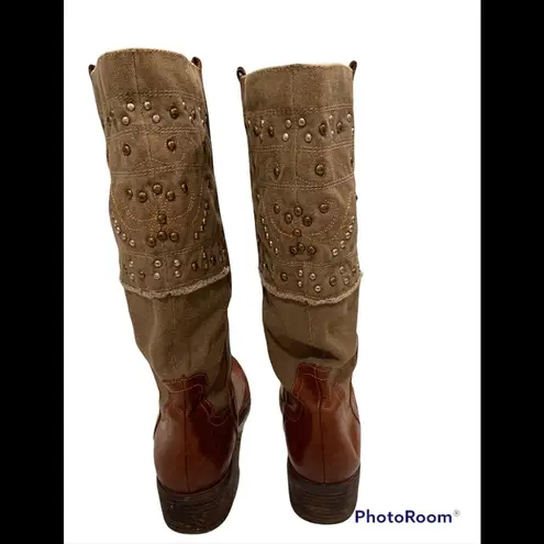 Paris Blues Pull On Leather/Canvas Studded Boots