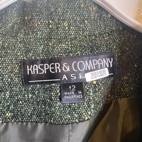 Kasper  & Company Green Tweed Full Zip Wool Blend Blazer Jacket Size 12