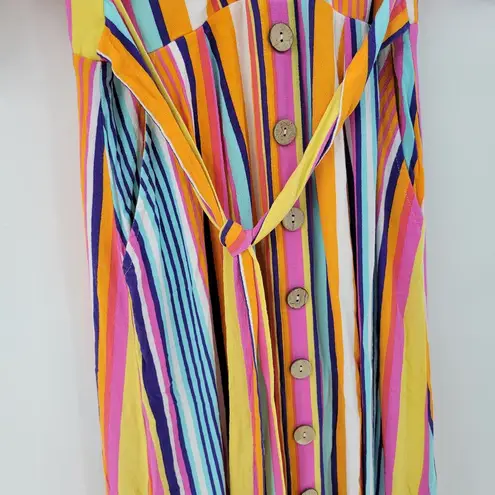 Harper Heritage Dress Small Multicolor Striped Tie Waist Wood Button Front