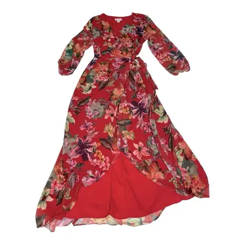 New York Company Sweet Pea Red Floral Cap Sleeve Wrap Dress Size Medium
