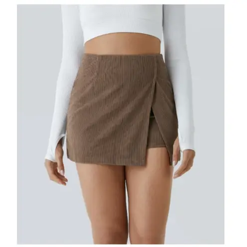 Halara NWT High Waisted Back Zipper Hem 2-in-1 Corduroy Skirt, Brown | Medium