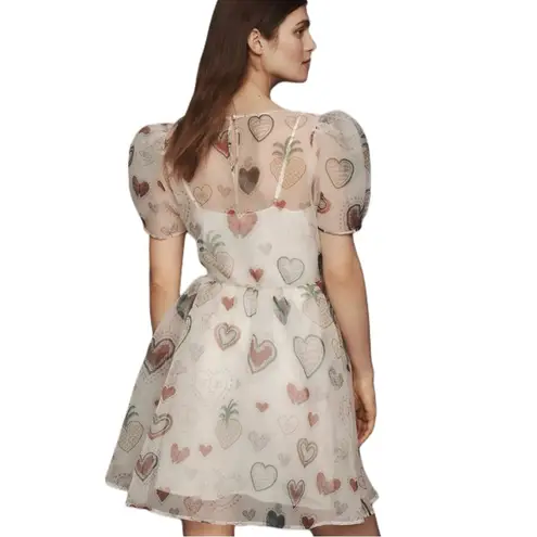 Farm Rio Anthropologie Heart Print Similar Sheer Puff Sleeve Mini Dress Size Sm