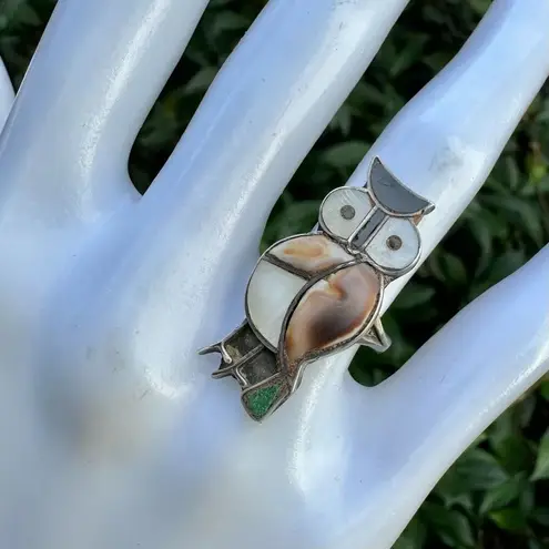 Vintage Zuni Sterling Silver Inlay Stone Owl Ring