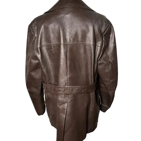 Vintage 70s Brown Leather Safari Jacket Belted Boho Utility Coat Women's M/L Size XL