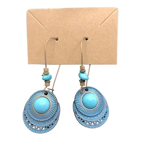 Unique Ethnic Boho Style Beaded Bronze Turquoise Classic Drop Earrings Blue