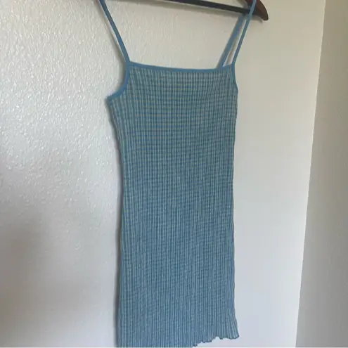 Wilfred XS Body Con Rouched Mini Dress Blue Spaghetti Straps Ribbed Stretchy