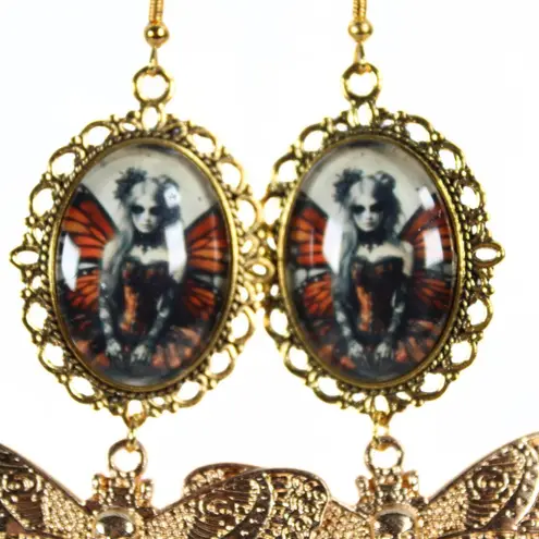 Handmade Gothic "Sunset Ember" Gothic Butterfly Fairy Earrings with Gold Moth Charms