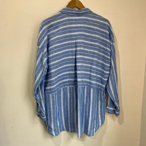 J.Jill Love Linen Blue White Stripe Button Back Shirt 100% Linen Size Large