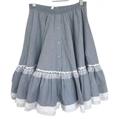 Vtg Pioneer Rockabilly Country Circle Skirt Tiered Rodeo Honky Tonk Prairie XS Blue