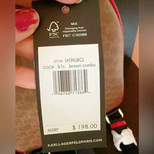 Karl Lagerfeld Backpack Brown Logo Red Line Front Zip Pouch 3 charms NWT $198