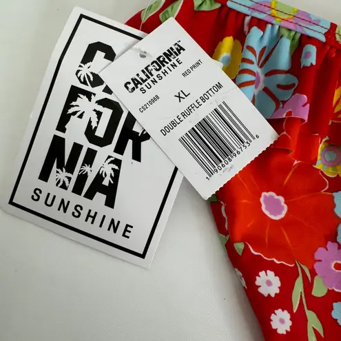 California Sunshine Red Floral Bikini Ruffle Hipster Bottom NWT