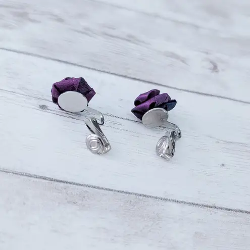 Vintage Clip On Earrings Purple Fabric Rose 5/8"