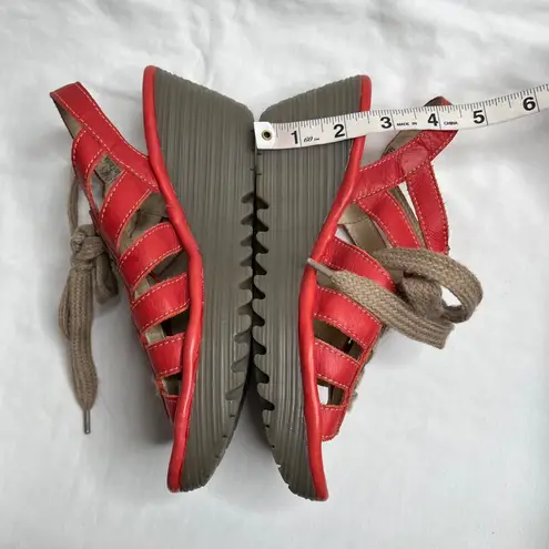 Fly London Yito Red Leather Lace Up Wedge Sandal Shoes EU 37