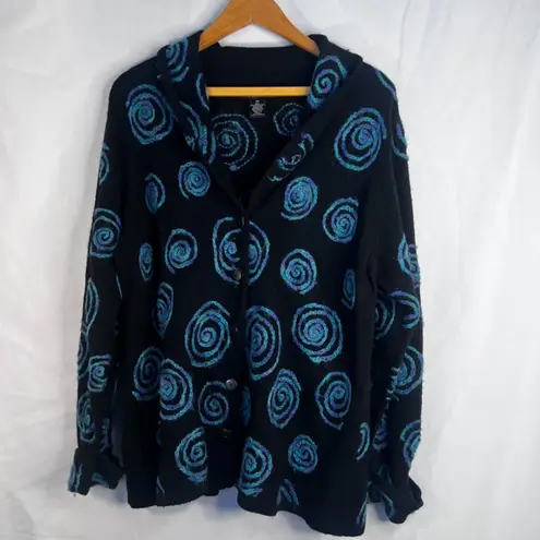 Sarah Spencer Lambswool Knit Swirl Artsy Cardigan Sweater Black Blue Size 2X