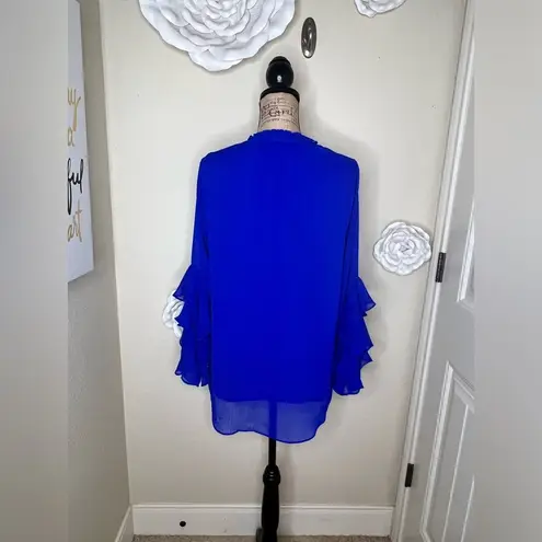 Gibson Latimer NTM: Ruffled Sheer Overlay Bell Sleeves Royal Blue Blouse Size M