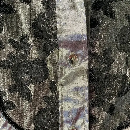 VTG Lame metallic western Glam silver black embroidered cowgirl button shirt Size L