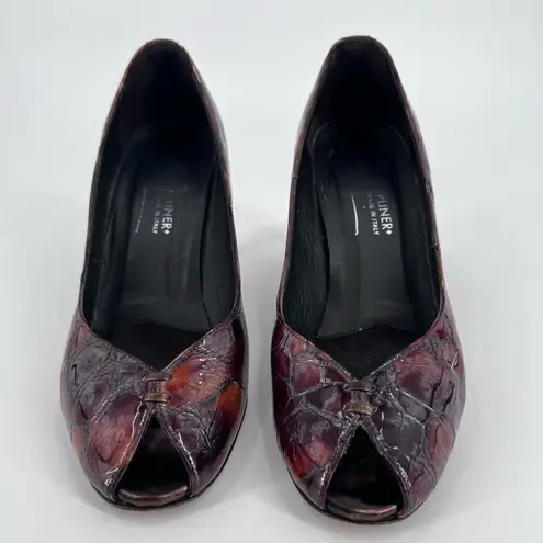 Donald J Pliner tortoise peep toe pumps size 6.5 patent patchwork Brown