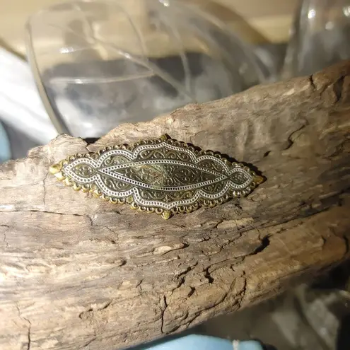 Antique Vintage Damascene Art Deco Gold Tone Silver Filigree Bar Brooch Pin FLAW