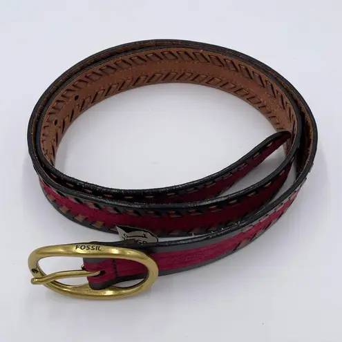 Fossil  Women's Colorblock Braided Belt Raspberry Red Brown Suede Leather Large - Image 8