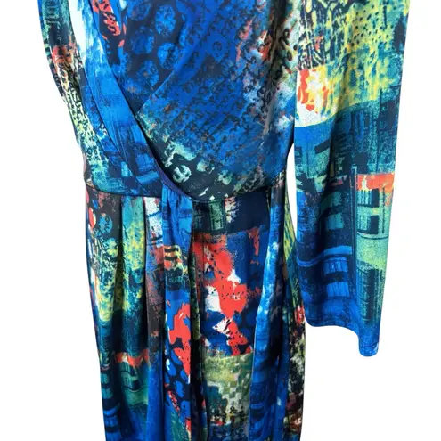 Oleg Cassini Faux Wrap Dress 4 Side Tie V-Neck Colorful Abstract Artsy Stretchy - Image 8