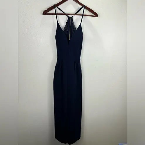 Love, Nickie Lew Small Navy Blue Lace Back Jumpsuit Romper Pockets Zip Up