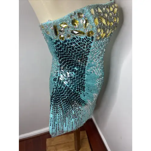 Sherri Hill New  Blue Beaded Sequined Strapless‎ Mini Dress Sz 6