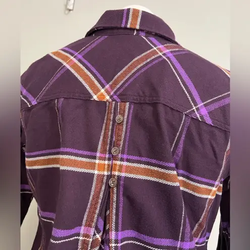 Duluth Trading Co Folklore Flannel Duster Purple elderberry windowpane plaid