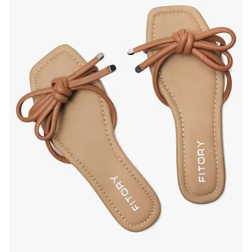 Fitory Womens Square Open Toe Knotted Strap Thong Flat Sandals Brown Size 8