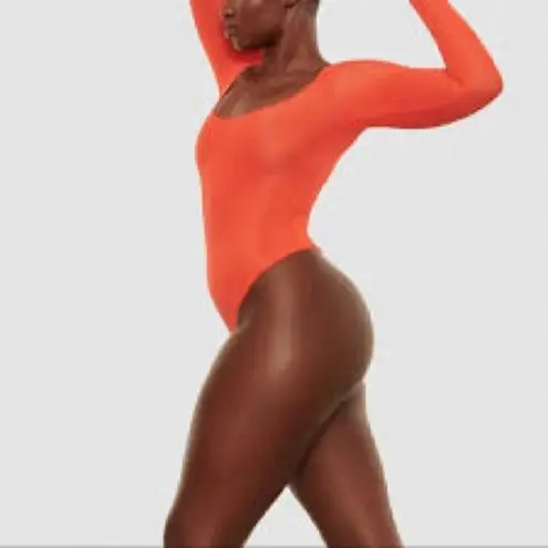 SKIMS Jelly Sheer Long Sleeve Thong Bodysuit in Poppy, NWT