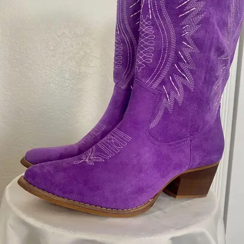 NEW Flame Stitched Knee High Western Purple Faux Suede Cowboy Boots US 11