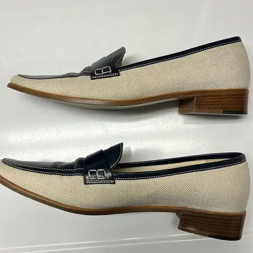 Brooks Brothers Beige Navy Twill and Leather Classic Slip-On Loafers- Size 8