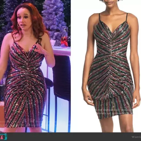 Dress the Population Viviane Rainbow Sequin Ruched Mini Dress Sz S NWT