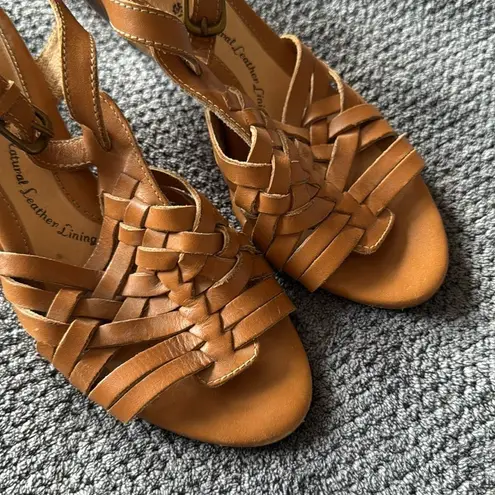 Sofft Cognac Woven Leather Slingback Wedge Sandals Size 6.5M Brown