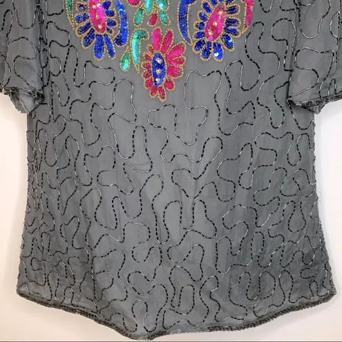 Vintage Black Pink Blue Green Sequined Beaded Silk Top Size XXL