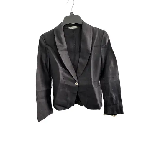 None Vintage Black Linen Blazer Jacket with Mother of Pearl Button Tailored Style