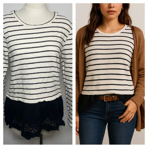 RXB Striped Lace Hem Sweater Top | Black White Long Sleeve | Women’s M Size M