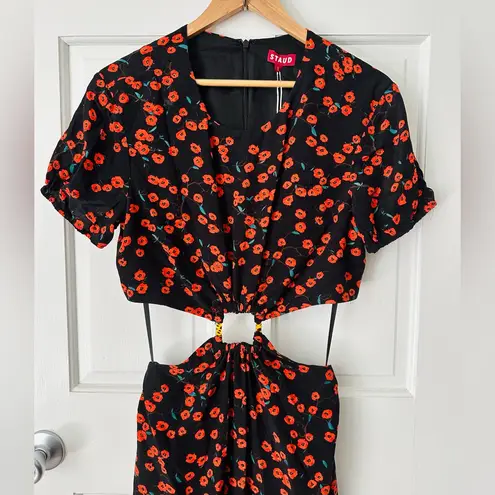 STAUD NEW! Calypso Poppy Cut Out Black Red Midi Floral Print Dress Size L