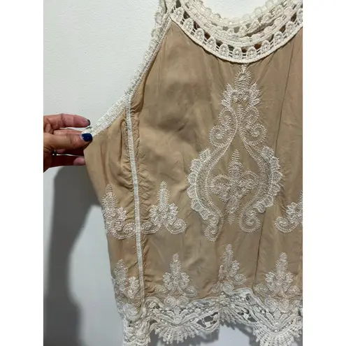 Ultra Pink lace embroidered crochet tank top size L cream boho fairy granola