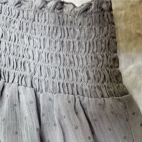 Gray Sheer Swiss Dot Blouse Jabot Neckline Smocked Waist Lace Trim Pleated Crepe Size L